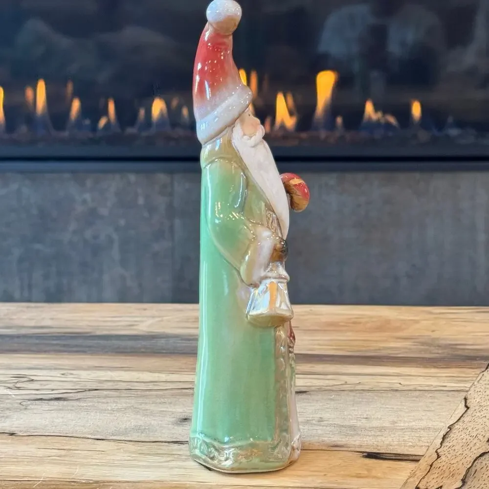 Old World Style Glazed Ceramic Santa Claus Figurine Cardinal Bird Green Robe 8